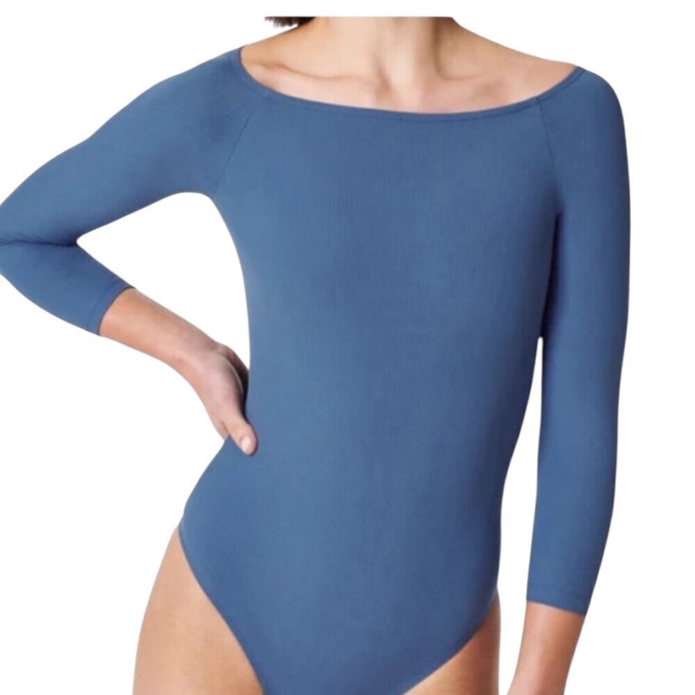 Spanx Rib Boatneck Thong Bodysuit, Indigo Haze Long Sleeves Women's Size 1X